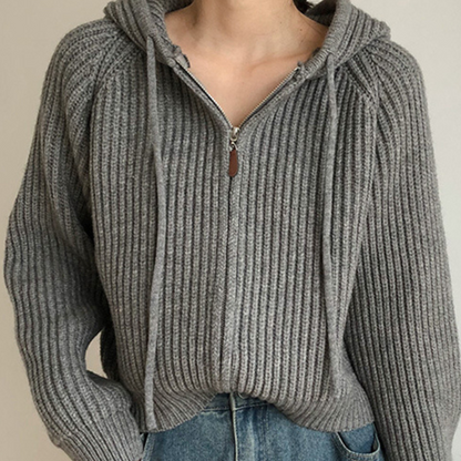 Solid Hooded Zip Up Short Knit Cardigan