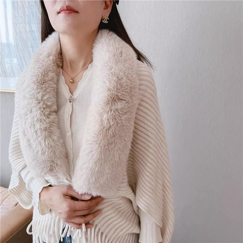 Premium Casual Faux Fur Collar Cardigan Poncho