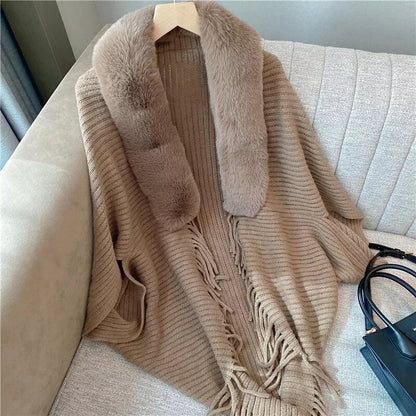 Premium Casual Faux Fur Collar Cardigan Poncho