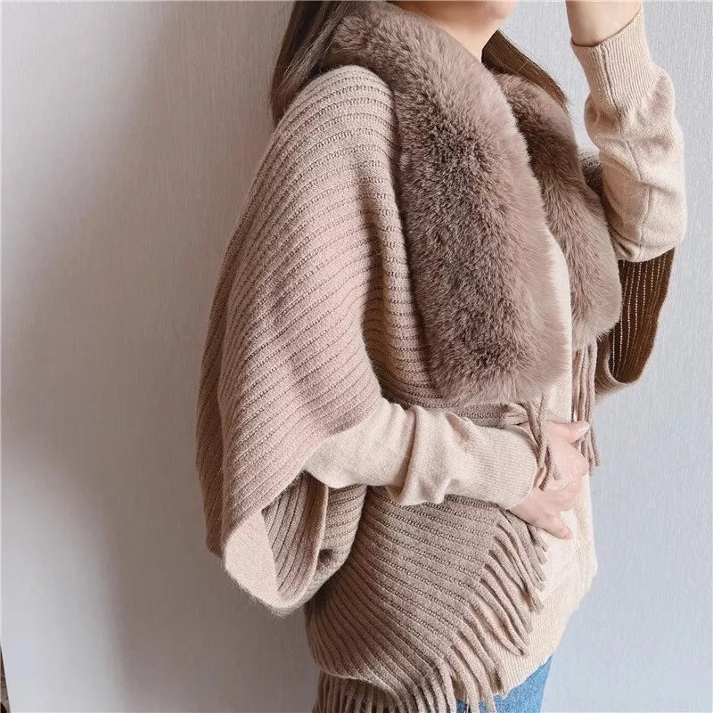 Premium Casual Faux Fur Collar Cardigan Poncho